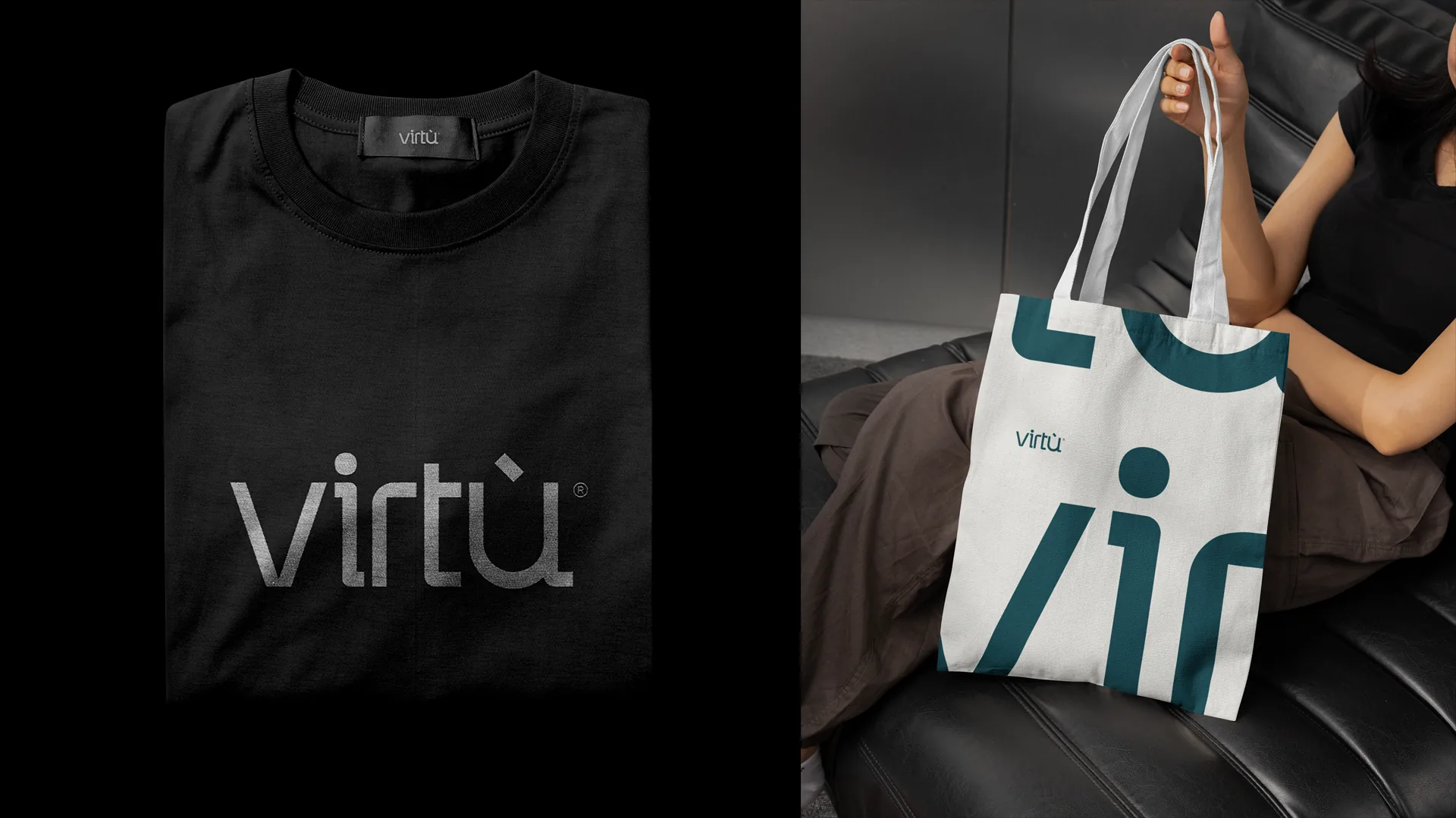 Virtù apparel and tote bag mockups